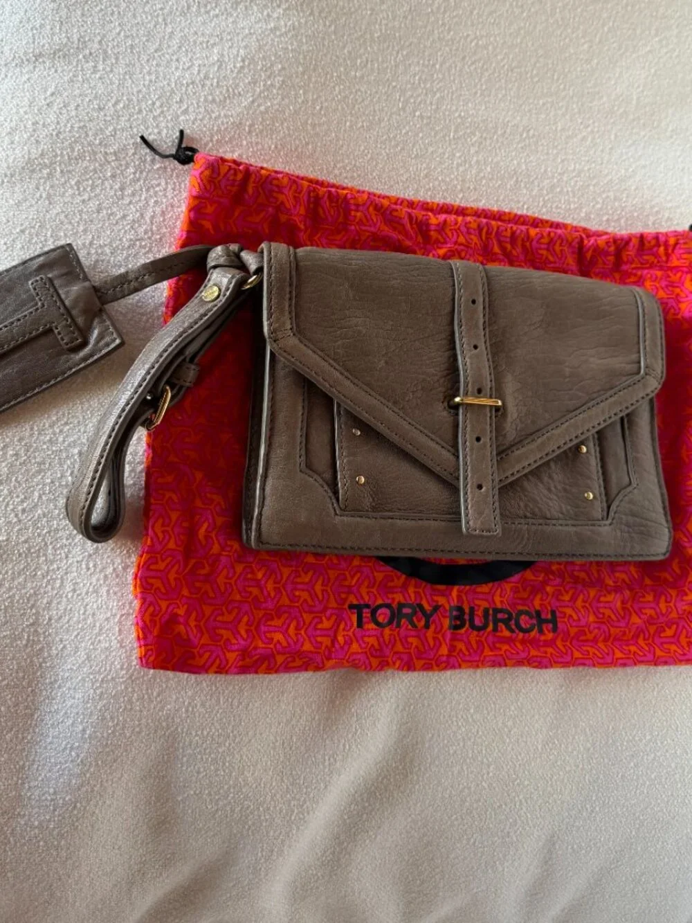 Tory Burch Taupe Gray Pebbled Leather Envelope Wristlet Clutch